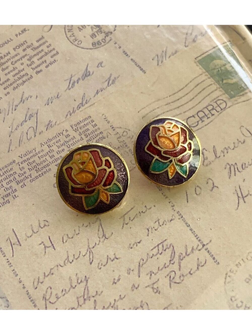 Vintage Floral Cloisonné Enamel Rose Stud Earrings